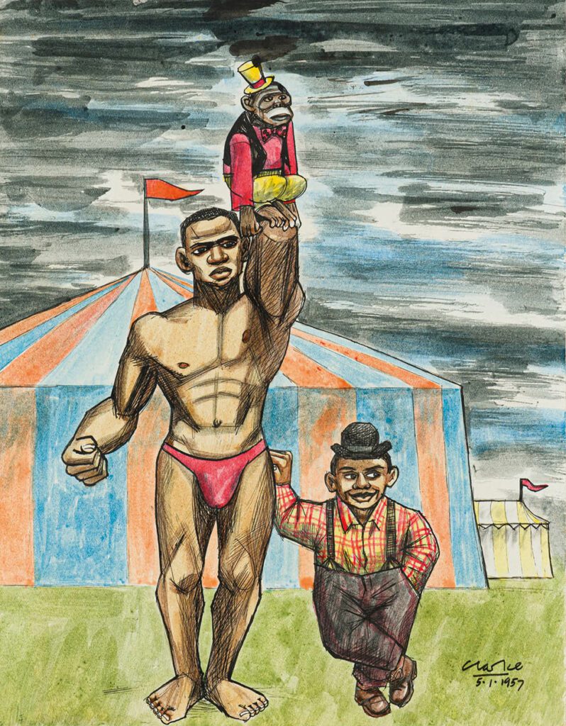 Strauss & Co's May Auction: South African Modernists 16 Peter Clarke Acrobat, Midget and Chimpanzee