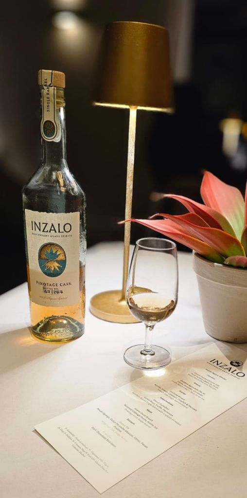 Inzalo South African agave spirit served alongside a tasting course in the Yellow Room at Four Seasons Hotel The Westcliff Johannesburg