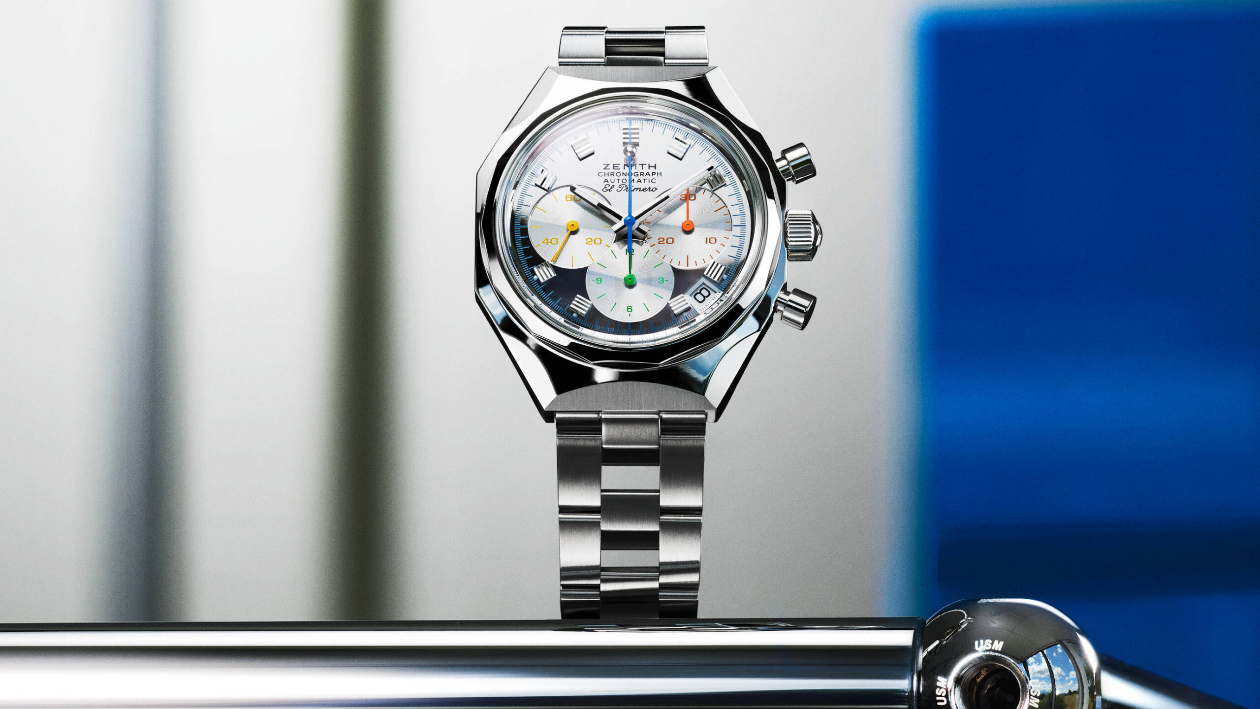 ZENITH DEFY Chronograph USM unique piece with mirror polished dial and yellow, orange, green and blue chronograph counters