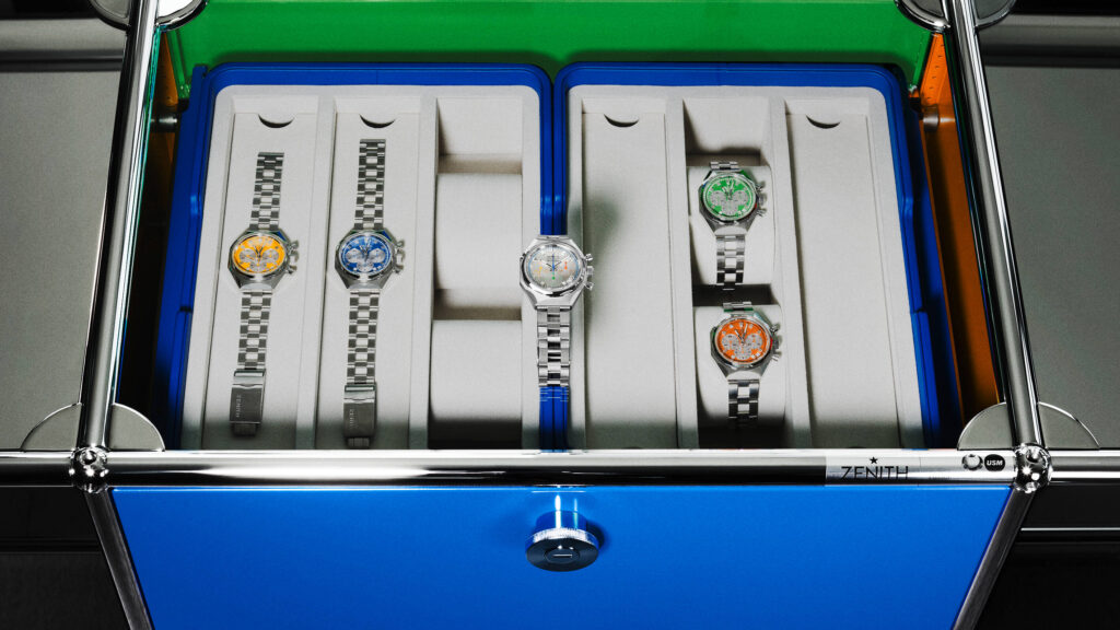 ZENITH and USM Hold Up a Mirror to the DEFY Chronograph 5 ZENITH DEFY Chronograph USM unique piece with mirror polished dial and yellow, orange, green and blue chronograph counters