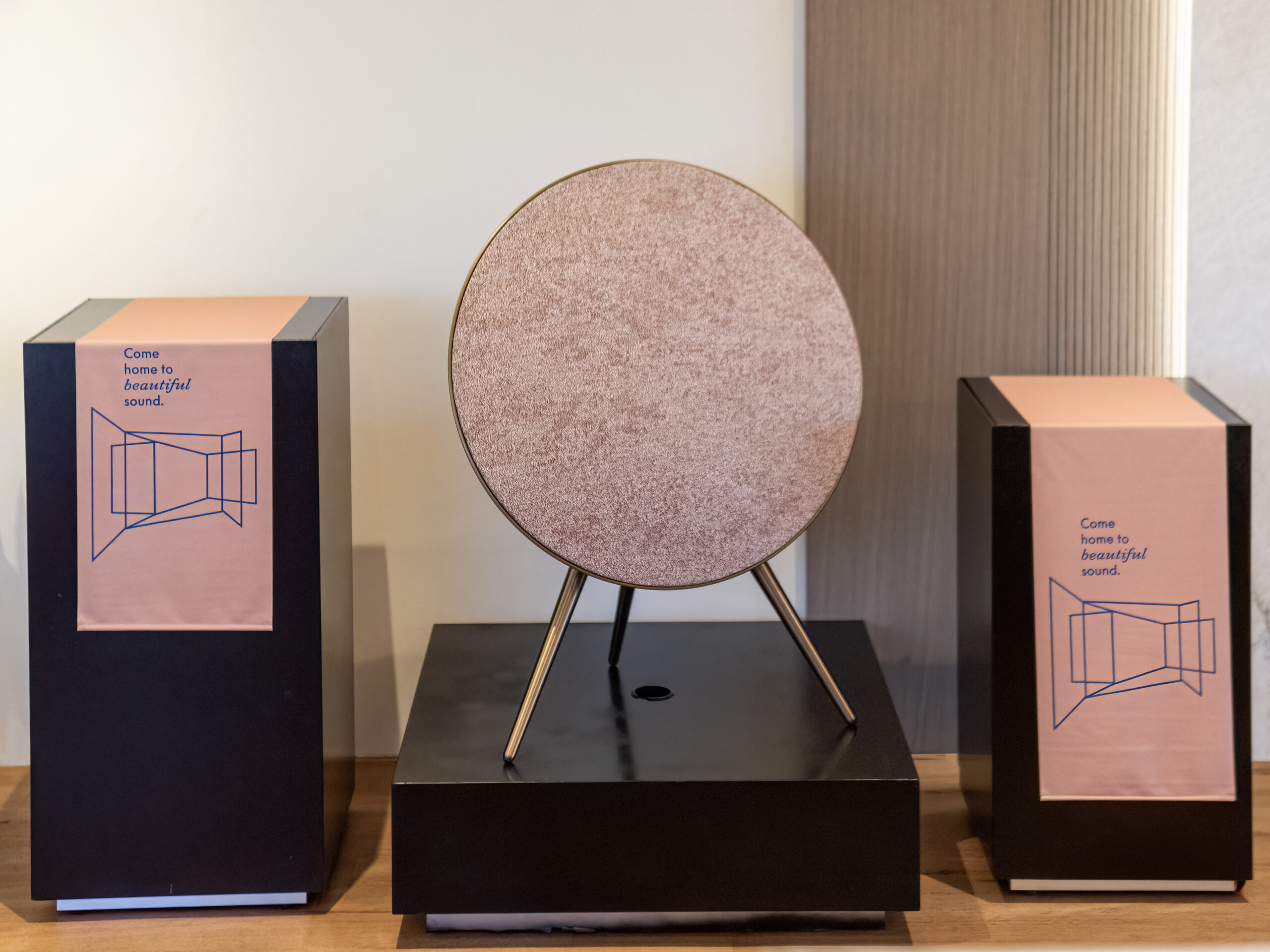 The Beosound A9 Sienna, finished in Sienna Brown and dressed in a Mineral Red Woolscape textile by Kvadrat Febrik and Front, at the Bang & Olufsen Experience Centre in Kramerville.