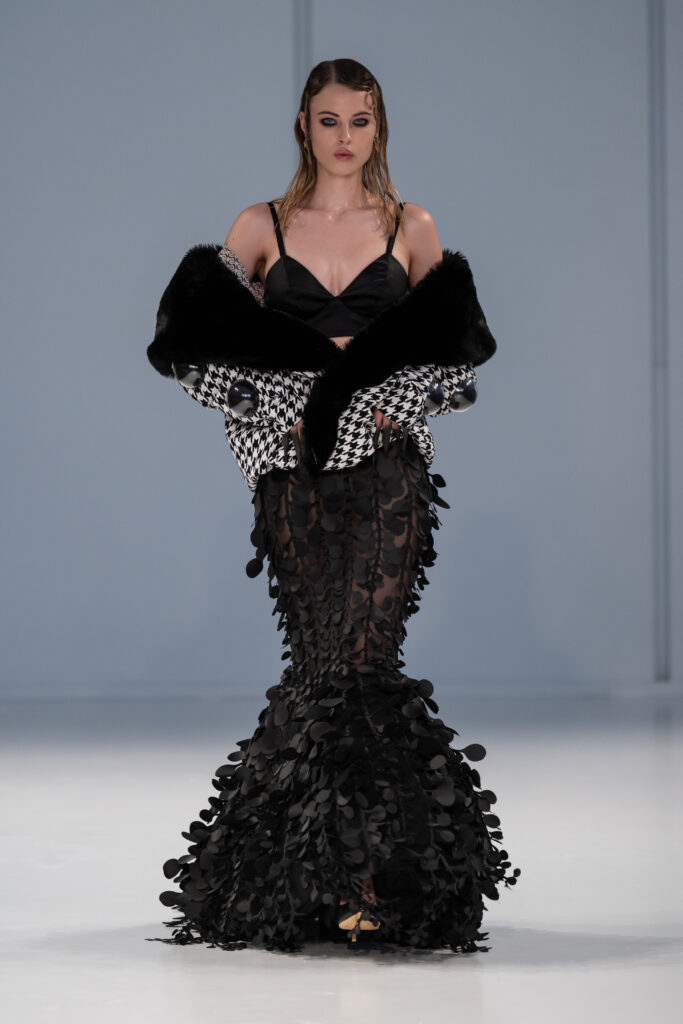 A look from Reflections, Gert-Johan Coetzee’s Autumn/Winter 2027 collection, which closed South African Fashion Week AW27 at The Forum, Hyde Park Corner