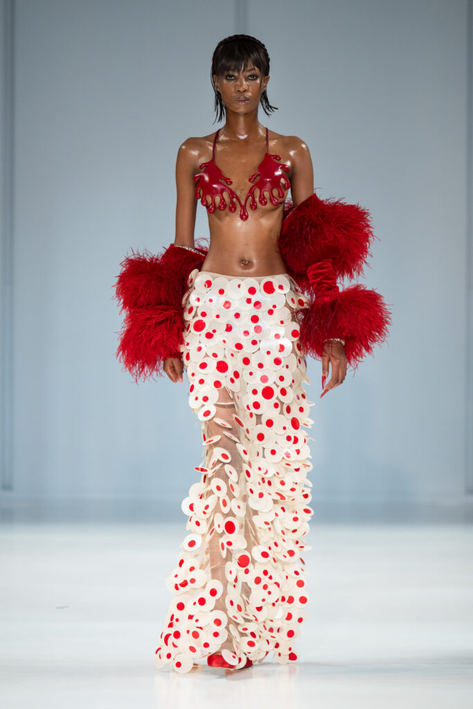 A look from Reflections, Gert-Johan Coetzee’s Autumn/Winter 2027 collection, which closed South African Fashion Week AW27 at The Forum, Hyde Park Corner