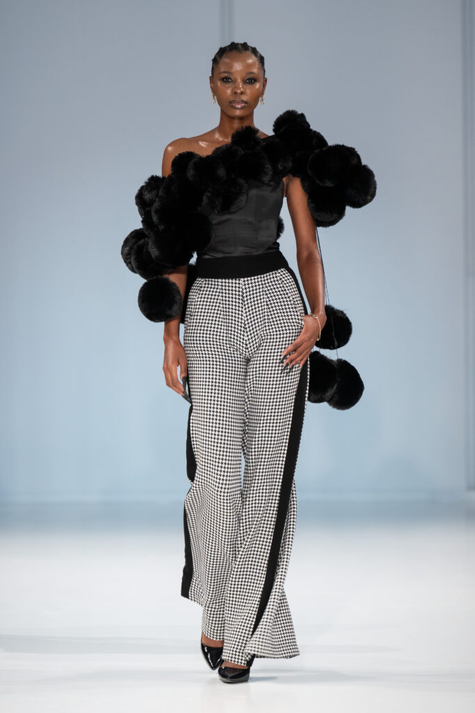 A look from Reflections, Gert-Johan Coetzee’s Autumn/Winter 2027 collection, which closed South African Fashion Week AW27 at The Forum, Hyde Park Corner