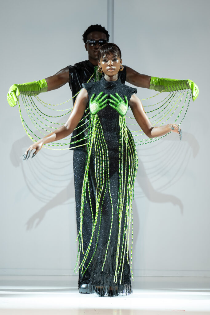 A look from Reflections, Gert-Johan Coetzee’s Autumn/Winter 2027 collection, which closed South African Fashion Week AW27 at The Forum, Hyde Park Corner