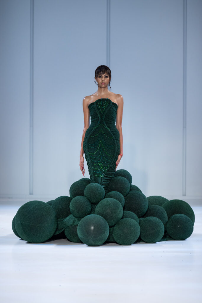 A look from Reflections, Gert-Johan Coetzee’s Autumn/Winter 2027 collection, which closed South African Fashion Week AW27 at The Forum, Hyde Park Corner