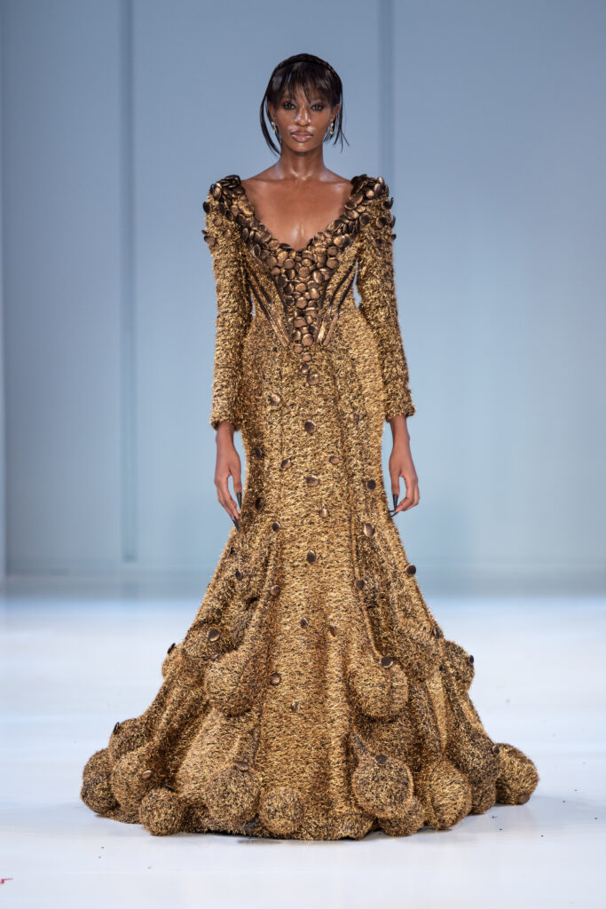 A look from Reflections, Gert-Johan Coetzee’s Autumn/Winter 2027 collection, which closed South African Fashion Week AW27 at The Forum, Hyde Park Corner