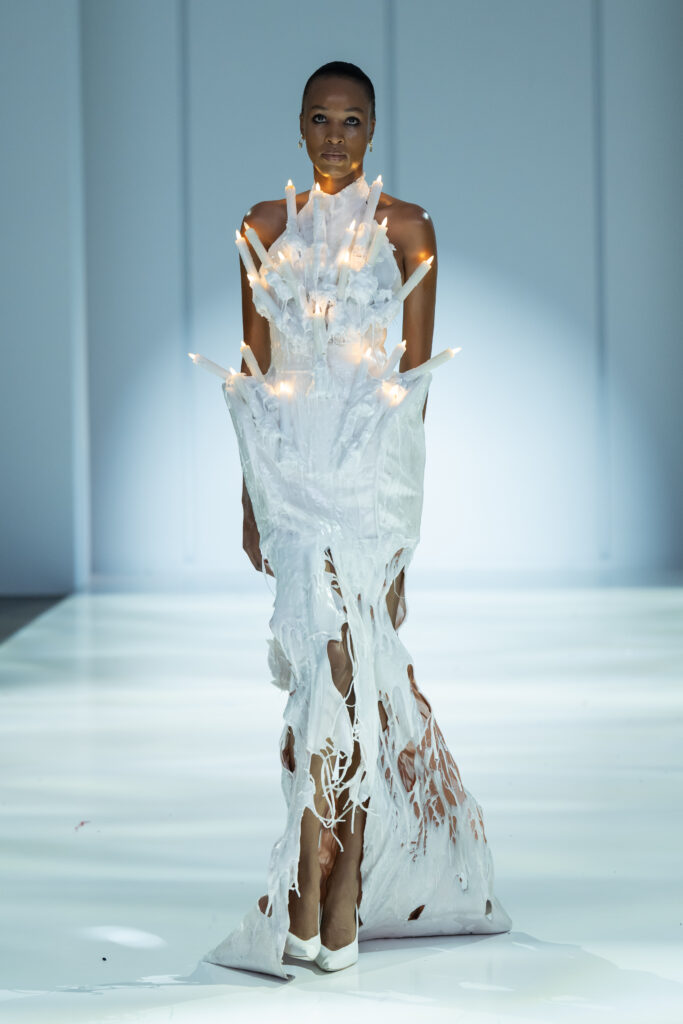 A look from Reflections, Gert-Johan Coetzee’s Autumn/Winter 2027 collection, which closed South African Fashion Week AW27 at The Forum, Hyde Park Corner