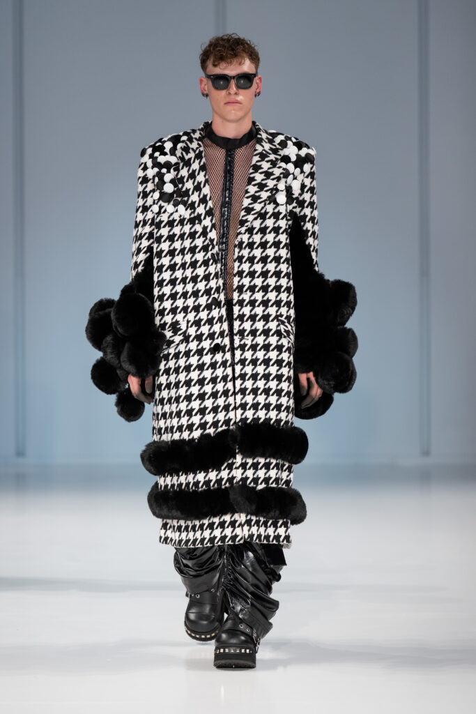 A look from Reflections, Gert-Johan Coetzee’s Autumn/Winter 2027 collection, which closed South African Fashion Week AW27 at The Forum, Hyde Park Corner