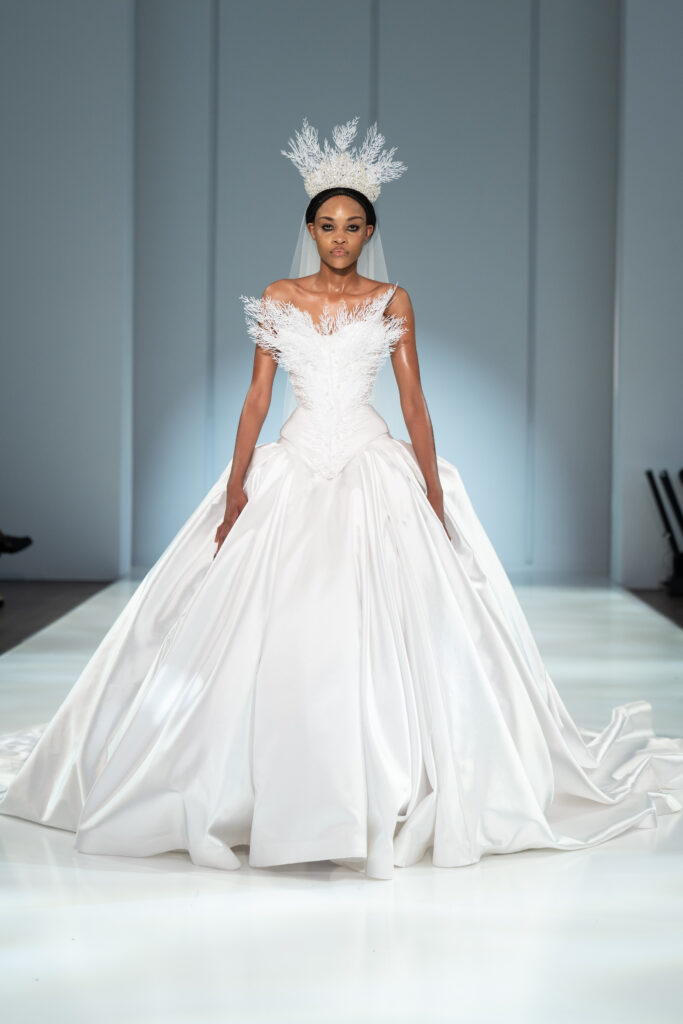 A look from Reflections, Gert-Johan Coetzee’s Autumn/Winter 2027 collection, which closed South African Fashion Week AW27 at The Forum, Hyde Park Corner
