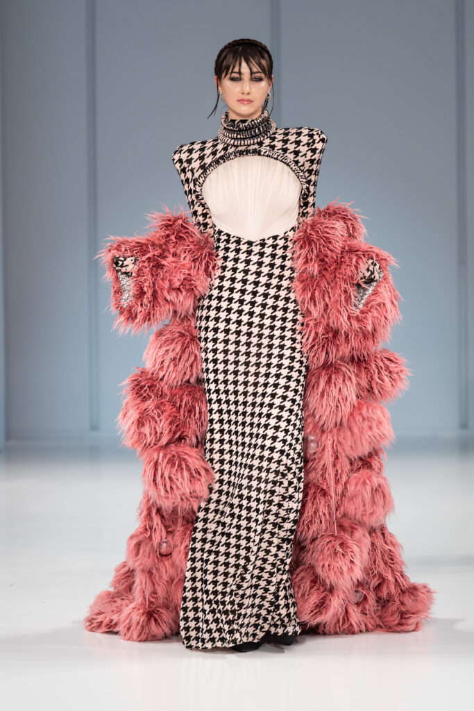 A look from Reflections, Gert-Johan Coetzee’s Autumn/Winter 2027 collection, which closed South African Fashion Week AW27 at The Forum, Hyde Park Corner