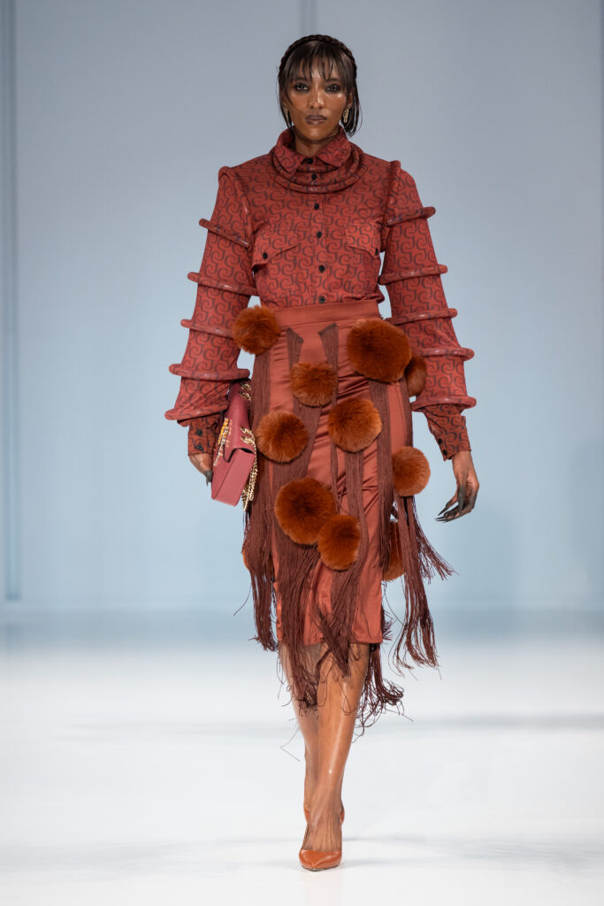 A look from Reflections, Gert-Johan Coetzee’s Autumn/Winter 2027 collection, which closed South African Fashion Week AW27 at The Forum, Hyde Park Corner